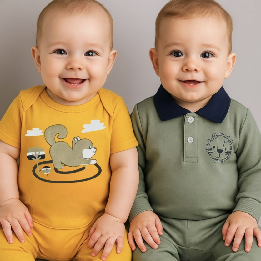 kit 4 peças Leãozinho e cachorrinho-2 conjuntos bebe menino-P e M