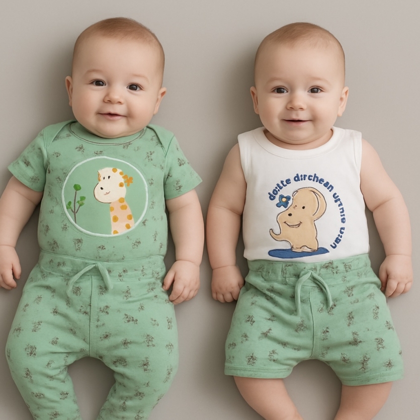 kit 4 peças  animais elefante &  girafa-2 conjuntos bebe menino-P