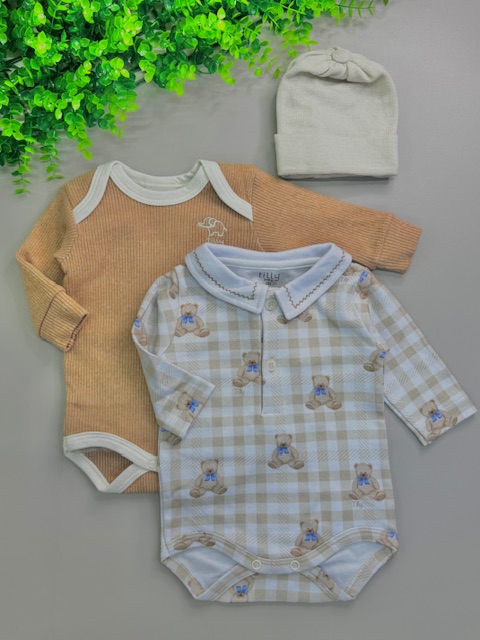3 peças / Kit 2 Bodys de Ursinho + Touca tric