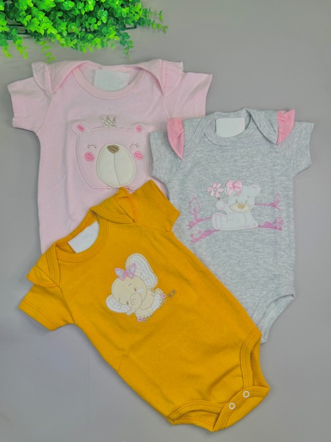 kit 3 bodys bordados manga curta-suedine 100% algodao